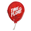 red balloon shaped coin purse with text that reads "time to float"