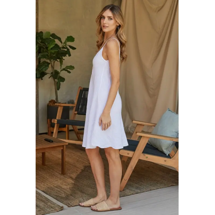 Italian Linen V-Neck Midi Slip Dress In White - Romantiques