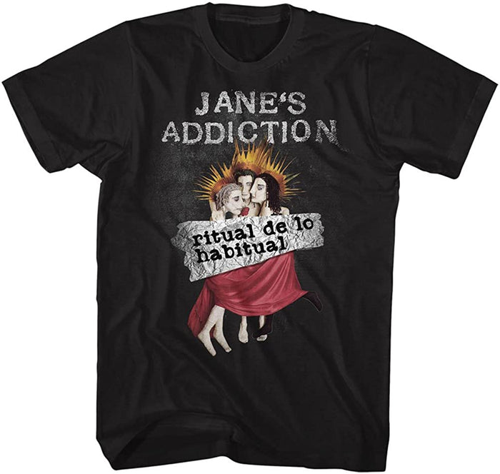 jane's addiction shirt with logo and censored ritual de lo habitual album cover art with text that reads "ritual de lo habitual"