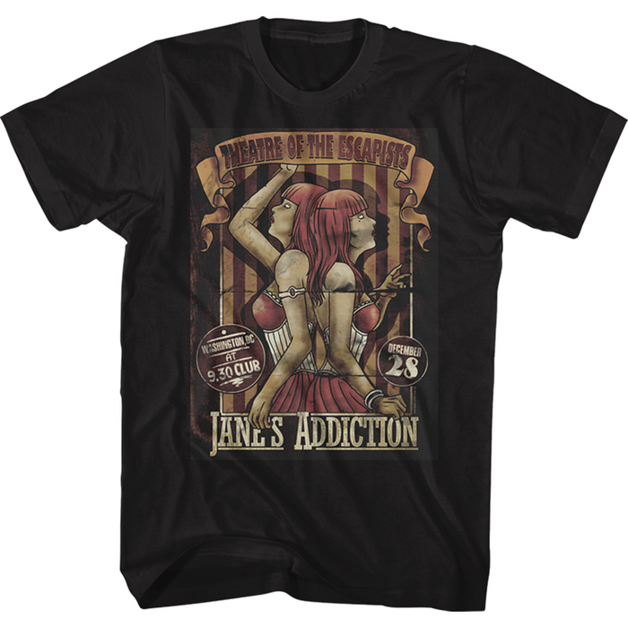 black unisex jane's addiction shirt with text on the top that reads "theatre of the escapists" tour flyer graphic in the middle, and logo on bottom. text on the sides read "washington, dc at 9.30 club. december 28"