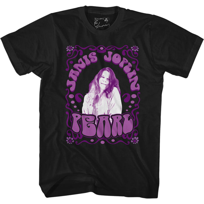 black janis joplin shirt with logo and picture of janis smiling, with text that reads "pearl"
