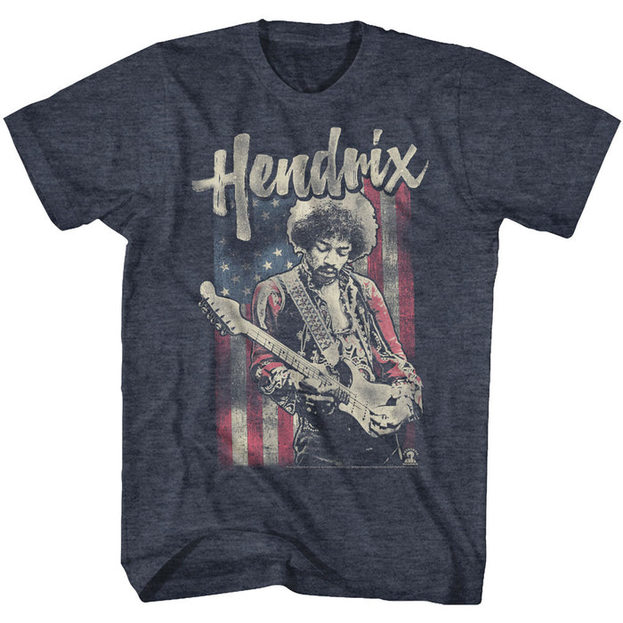 navy heather blue jimi hendrix shirt with "hendrix" logo and picture of jimi playing guitar in front of vertical american flag graphic