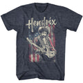 navy heather blue jimi hendrix shirt with "hendrix" logo and picture of jimi playing guitar in front of vertical american flag graphic