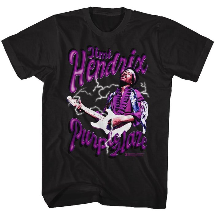 black jimi hendrix shirt with logo and picture of jimi playing guitar wearing headband with text that reads "purple haze"