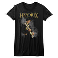 women's black jimi hendrix shirt with "hendrix" logo on top and picture of jimi playing guitar underneath
