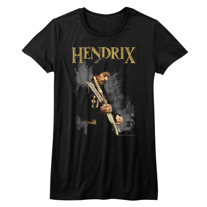 women's black jimi hendrix shirt with "hendrix" logo on top and picture of jimi playing guitar underneath