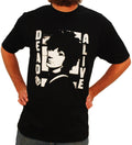 black band shirt with picture of johnny thunders with text reading "dead or alive"
