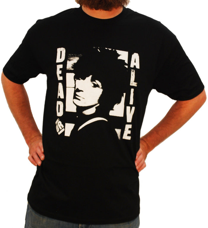black band shirt with picture of johnny thunders with text reading "dead or alive"
