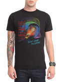 black journey band shirt with logo and text "don't stop believing"