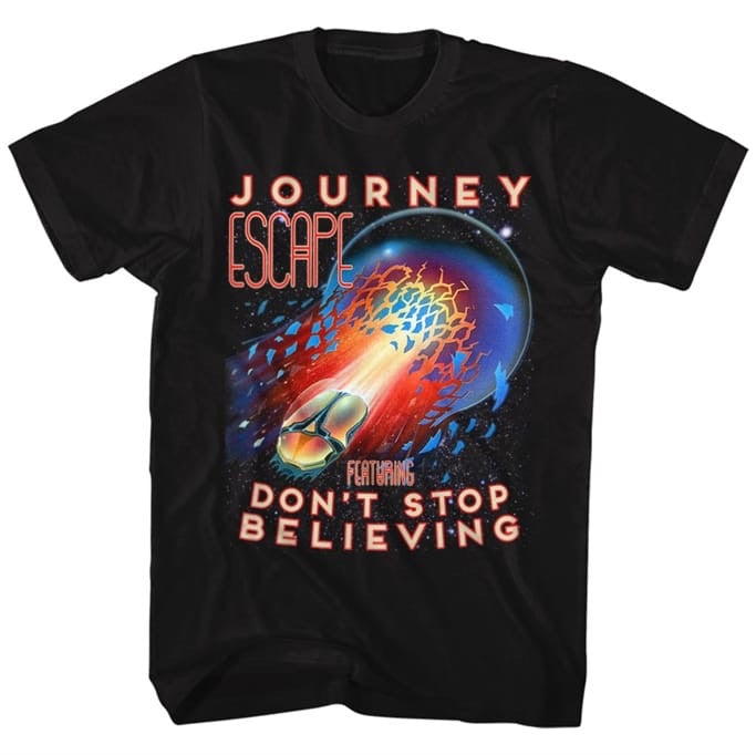 black unisex journey shirt with logo and escape album art with text that reads "escape featuring don't stop believing"