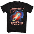 black unisex journey shirt with logo and escape album art with text that reads "escape featuring don't stop believing"