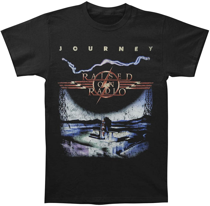 unisex black journey shirt with logo and raised on radio album cover art with text that reads "raised on radio"
