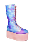 outer view of printed blue, purple, pink pastel upper, pink molded outsole, pink enamel eyelets and pink round lace boot. Boot has full lace-up front and full inner side zip.