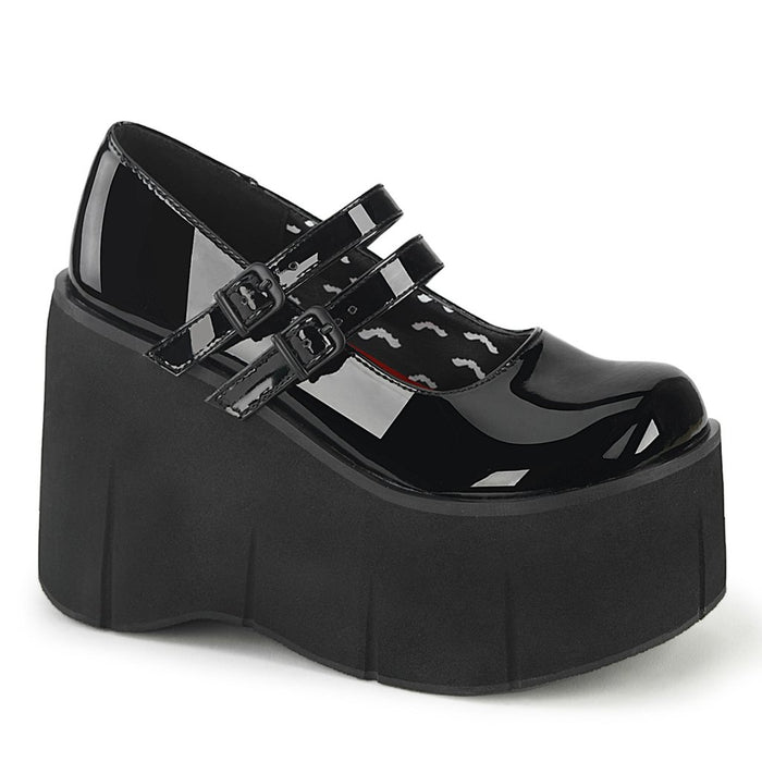 outer view of black vinyl patent 4.5" platform Mary jane style with double adjustable straps across top