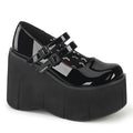 outer view of black vinyl patent 4.5" platform Mary jane style with double adjustable straps across top