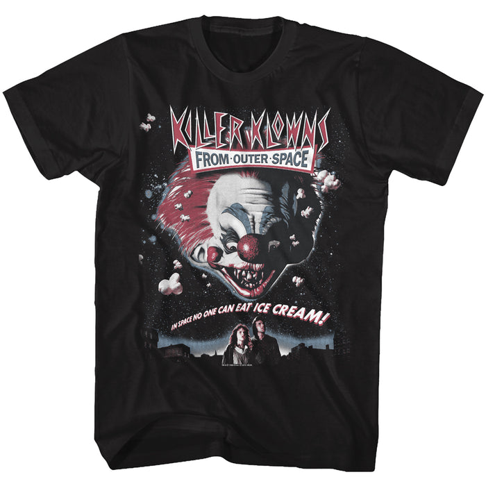 unisex black killer klowns from outer space movie shirt with movie poster clown and text that reads "in space no one can eat ice cream"