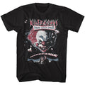 unisex black killer klowns from outer space movie shirt with movie poster clown and text that reads "in space no one can eat ice cream"