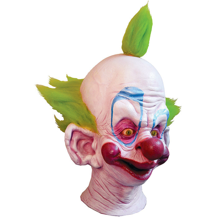 latex mask of shorty the clown from killer klowns from outer space. mask has green hair on top and sides
