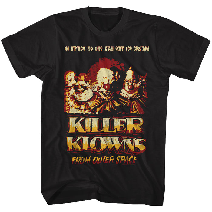 unisex black killer klowns from outer space movie shirt with group clown photo and text that reads "in space no one can eat ice cream"