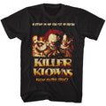unisex black killer klowns from outer space movie shirt with group clown photo and text that reads "in space no one can eat ice cream"