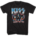 unisex black kiss shirt with logo, band member art and text that reads "alive in '77"