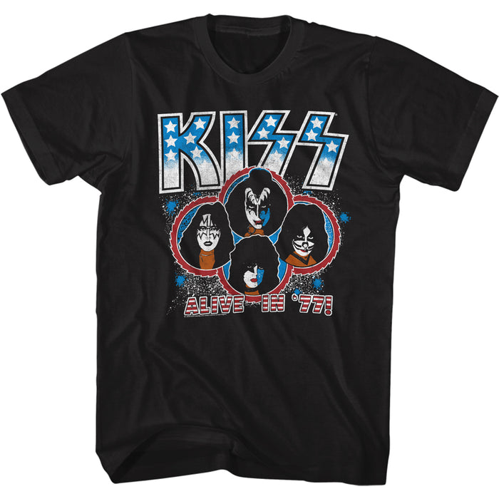 unisex black kiss shirt with logo, band member art and text that reads "alive in '77"