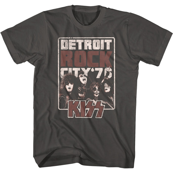 unisex gray kiss shirt with logo and band picture with text that reads "detroit rock city '76"
