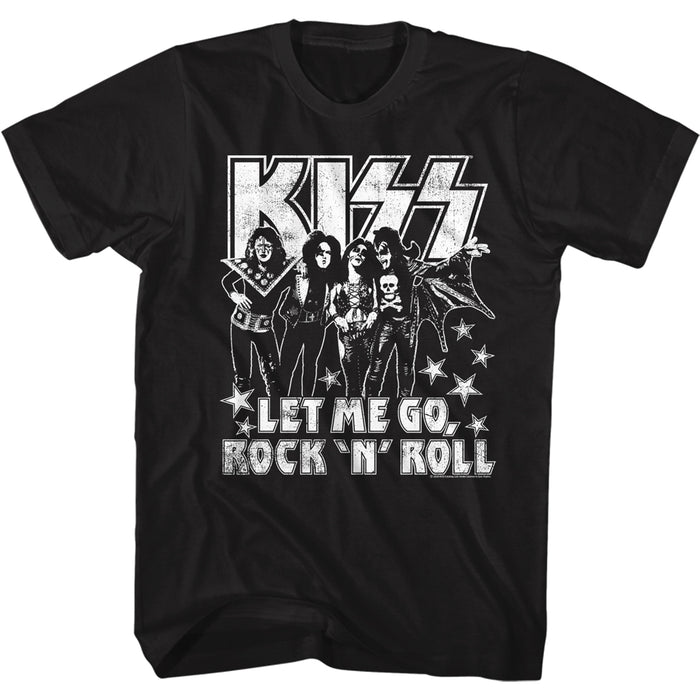 black unisex kiss shirt with logo and full body picture of band with text that reads "let me go rock 'n' roll"