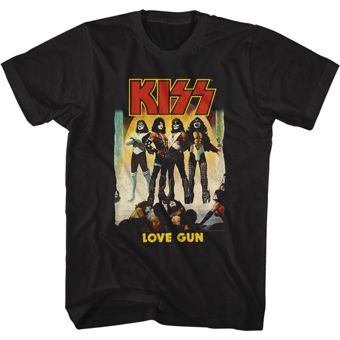 black unisex kiss shirt with logo and love gun album cover art and text that reads "love gun"