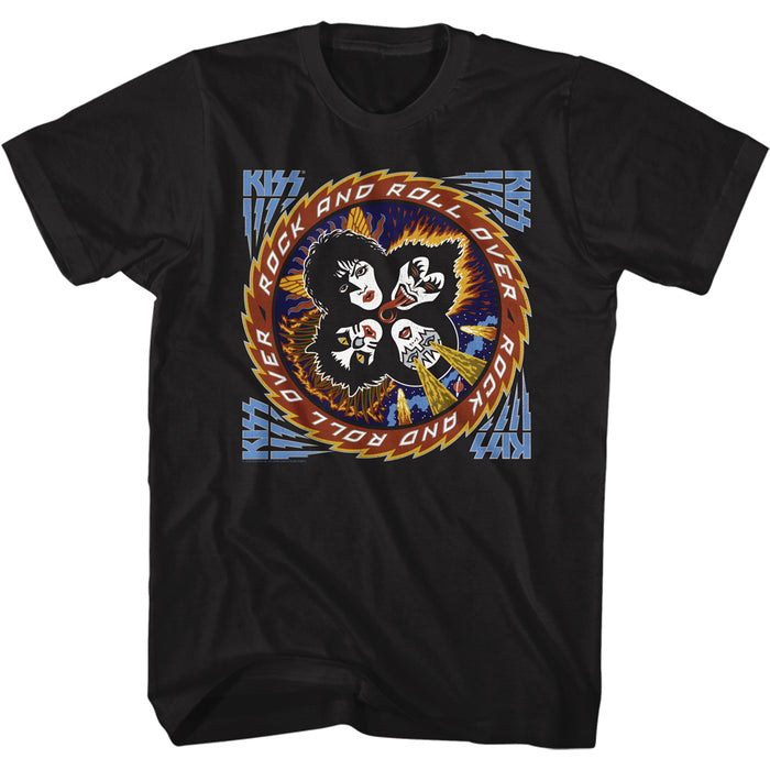 black unisex kiss shirt with four corner logos and rock and roll over album cover art with text that reads "rock and roll over" repeated in a circle