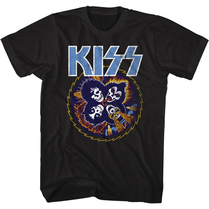 black unisex kiss shirt with four corner logos and rock and roll over album cover art with band as skeletons graphic, and text that reads "rock and roll over" repeated in a circle