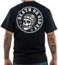 back of Black Lucky 13 t-shirt with a full back screen print of the "Knife Fight" graphic of a helmet-wearing skull with a knife in his mouth and Death Or Glory wrapped around the top. The front left chest has LUCKY 13 on it.