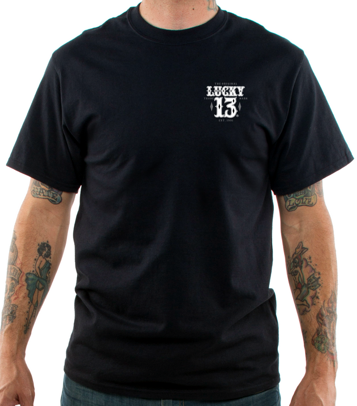 front of Black Lucky 13 t-shirt with a full back screen print of the "Knife Fight" graphic of a helmet-wearing skull with a knife in his mouth and Death Or Glory wrapped around the top. The front left chest has LUCKY 13 on it.