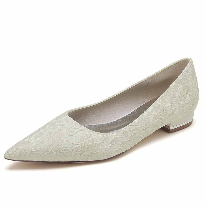 Elegant lace bridal flats for women with a pointed toe design and low heel for comfort