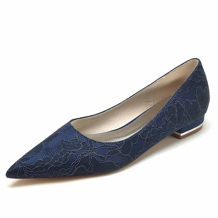 Navy lace bridal flats for women featuring a pointed toe and elegant floral design