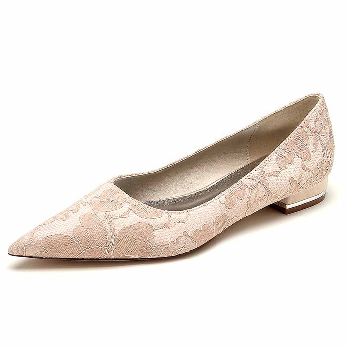 Elegant lace bridal flats for women in soft pink with pointed toe design and subtle floral detailing
