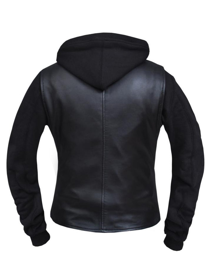back view of Black real lambskin leather motorcycle style basic motorcycle vest with black zip-up hoodie underneath. Hoodie is removable. Jacket has three outer pockets, and two inside pockets.