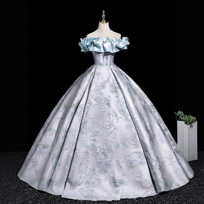 Light Blue Off-Shoulder Ball Gown with 3D Floral Jacquard Pattern | Satin Ruffle Neckline Formal Evening Dress