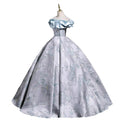 Light blue off-shoulder ball gown with silver floral jacquard pattern