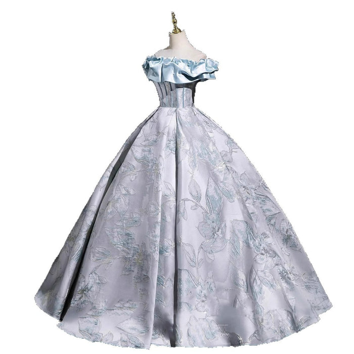 Light blue off-shoulder ball gown with silver floral jacquard pattern