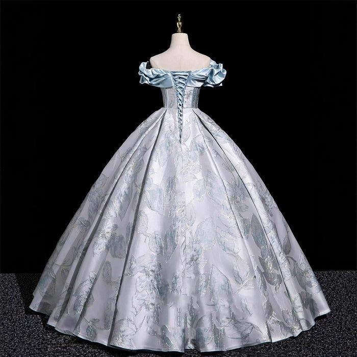 Light Blue Off-Shoulder Ball Gown with 3D Floral Jacquard Pattern | Satin Ruffle Neckline Formal Evening Dress
