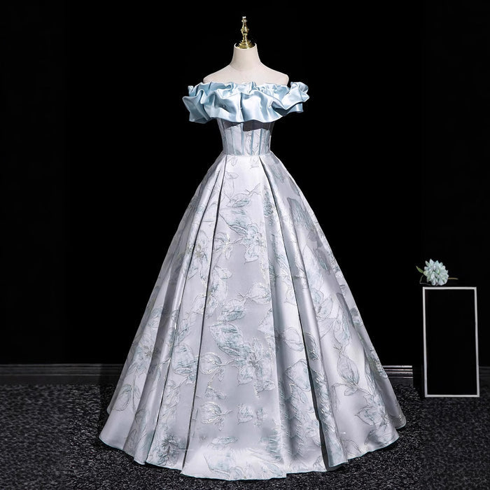 Light Blue Off-Shoulder Ball Gown with 3D Floral Jacquard Pattern | Satin Ruffle Neckline Formal Evening Dress