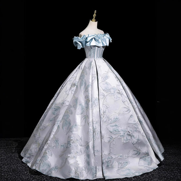 Light Blue Off-Shoulder Ball Gown with 3D Floral Jacquard Pattern | Satin Ruffle Neckline Formal Evening Dress