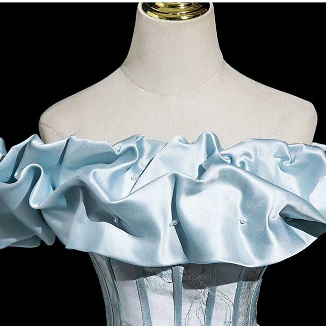 Light Blue Off-Shoulder Ball Gown with 3D Floral Jacquard Pattern | Satin Ruffle Neckline Formal Evening Dress