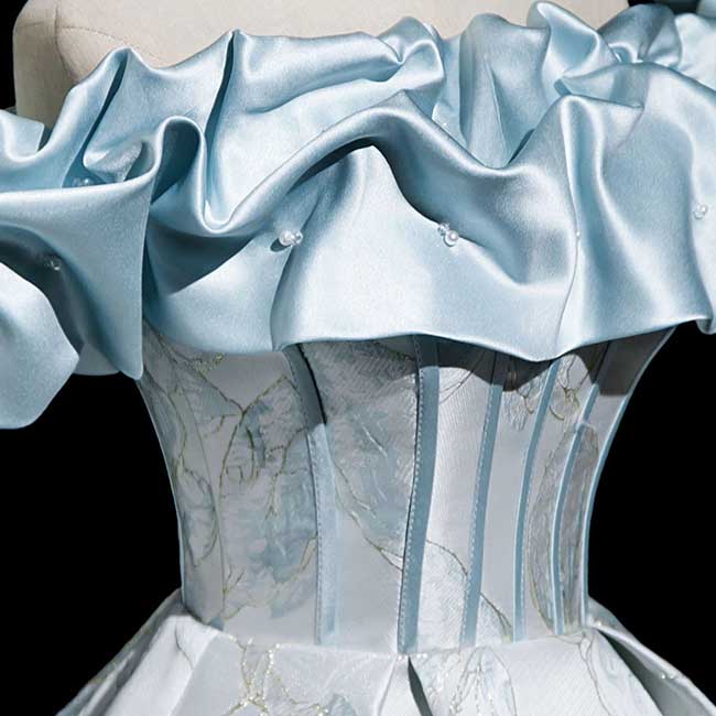 Light Blue Off-Shoulder Ball Gown with 3D Floral Jacquard Pattern | Satin Ruffle Neckline Formal Evening Dress