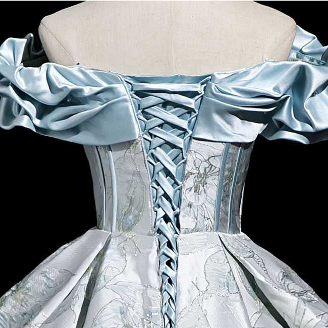 Light Blue Off-Shoulder Ball Gown with 3D Floral Jacquard Pattern | Satin Ruffle Neckline Formal Evening Dress