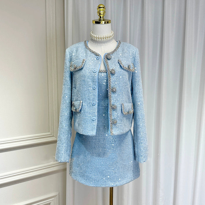 Light Blue Sequin Tweed 2-Piece Set for Women – Elegant Long Sleeve Cropped Jacket & High-Waisted Mini Dress