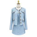 Light Blue Sequin Tweed 2-Piece Set for Women – Elegant Long Sleeve Cropped Jacket & High-Waisted Mini Dress