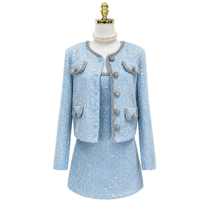Light Blue Sequin Tweed 2-Piece Set for Women – Elegant Long Sleeve Cropped Jacket & High-Waisted Mini Dress
