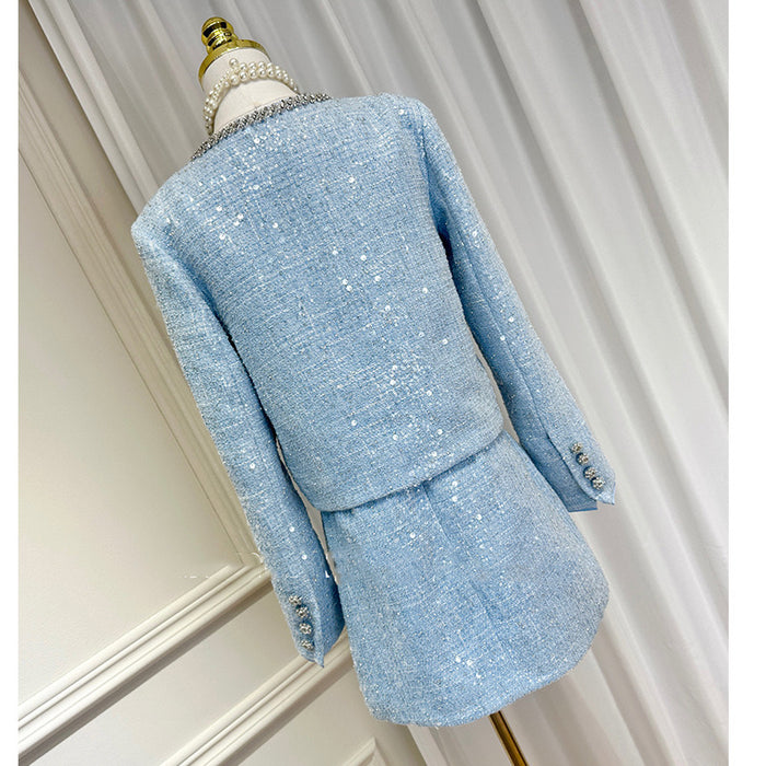 Light Blue Sequin Tweed 2-Piece Set for Women – Elegant Long Sleeve Cropped Jacket & High-Waisted Mini Dress